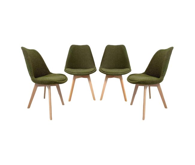 Silla escandinava de madera de haya y borreguito texturizada, set de 4 verde kaki - 49x55x81 cm