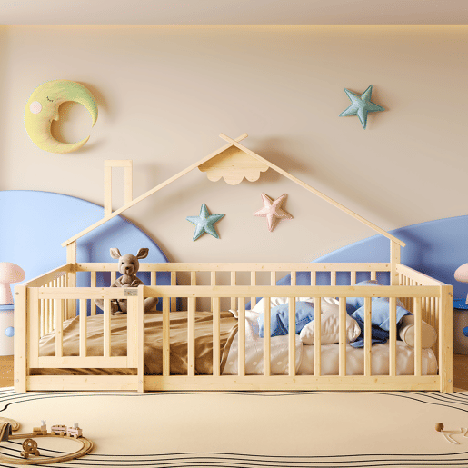 Cama infantil 140x190 cm - Barreira com fechadura, ripas - Madeira de pinho, natural