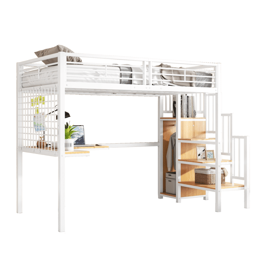 Cama de ferro 90x200cm - Cama alta com secretária e armário, escada lateral com corrimão - Branco+Natural