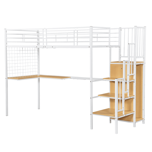 Cama de ferro 90x200cm - Cama alta com secretária e armário, escada lateral com corrimão - Branco+Natural