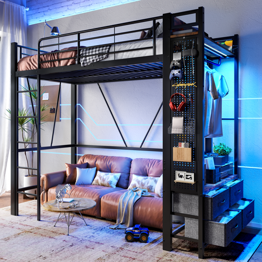 Cama alta 90x200 cm - estrutura em ferro, barra para secar roupa, prateleiras, 4 gavetas, USB+Type-C, LED, grade de proteção, escada, painel perfurado - preto