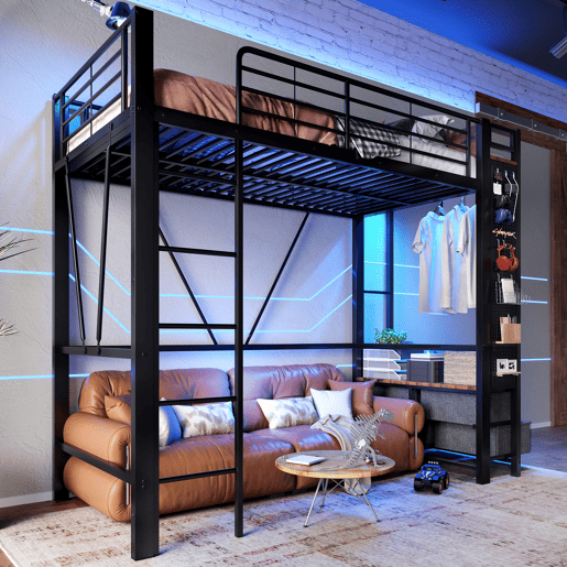 Cama alta 90x200 cm - estrutura em ferro, barra para secar roupa, prateleiras, 4 gavetas, USB+Type-C, LED, grade de proteção, escada, painel perfurado - preto