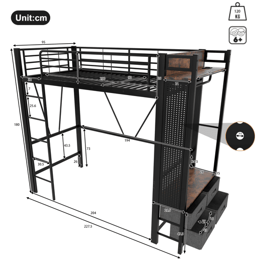 Cama alta 90x200 cm - estrutura em ferro, barra para secar roupa, prateleiras, 4 gavetas, USB+Type-C, LED, grade de proteção, escada, painel perfurado - preto