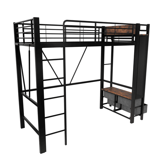 Cama alta 90x200 cm - estrutura em ferro, barra para secar roupa, prateleiras, 4 gavetas, USB+Type-C, LED, grade de proteção, escada, painel perfurado - preto