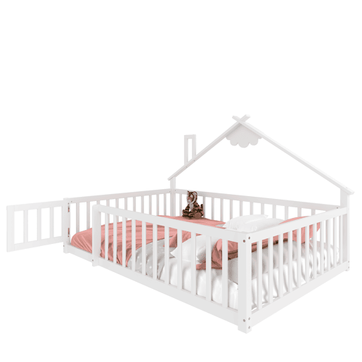 Cama infantil 140x190 cm - Com grade e fechadura, madeira de pinho - Branco