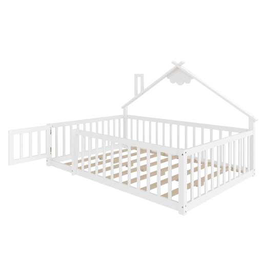 Cama infantil 140x190 cm - Com grade e fechadura, madeira de pinho - Branco