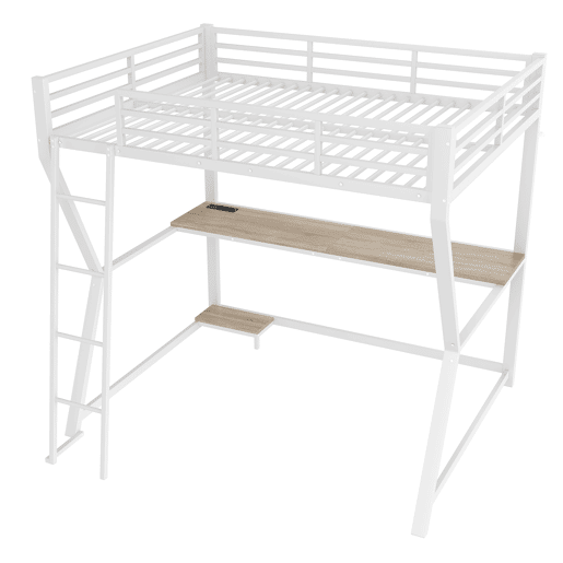 Cama alta 140x200 cm - luzes LED, suporte para consola, secretária, tomada e USB, grade, escada, sem colchão - branco