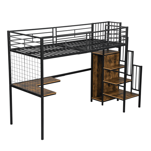 Beliche 90x200cm - Com mesa e armário, com escada lateral, ferro e painel de partículas - Preto+Madeira escura