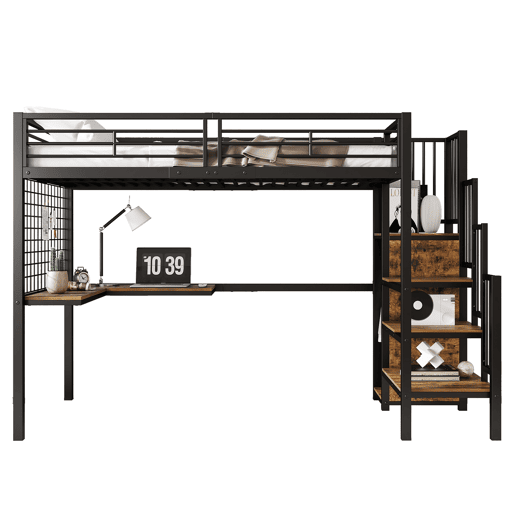 Beliche 90x200cm - Com mesa e armário, com escada lateral, ferro e painel de partículas - Preto+Madeira escura