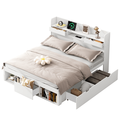 Cama de casal 140x200 - Multifuncional com USB, gavetas e armário, grande capacidade de arrumação - Branco Cama de casal 140x200 - Multifuncional com USB, gavetas e armário, grande capacidade de arrumação - Branco