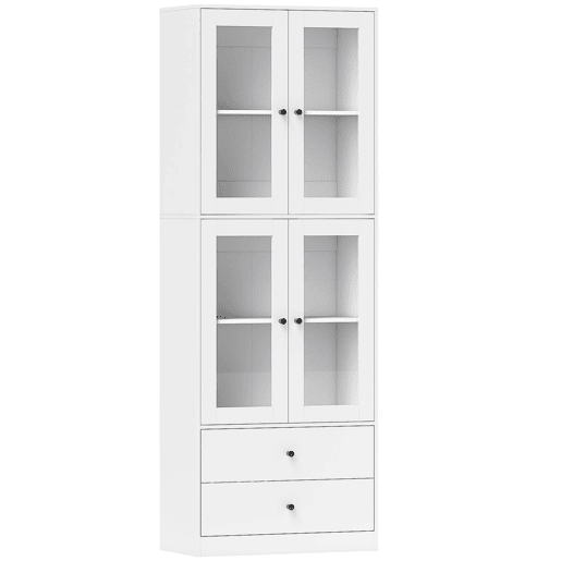 HOMCOM Armário de Cozinha Alto Móvel Auxiliar de Cozinha com 4 Portas de Vidro 2 Gavetas Prateleiras Ajustáveis 59x30x170 cm, Branco