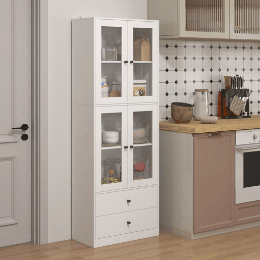 HOMCOM Armário de Cozinha Alto Móvel Auxiliar de Cozinha com 4 Portas de Vidro 2 Gavetas Prateleiras Ajustáveis 59x30x170 cm, Branco