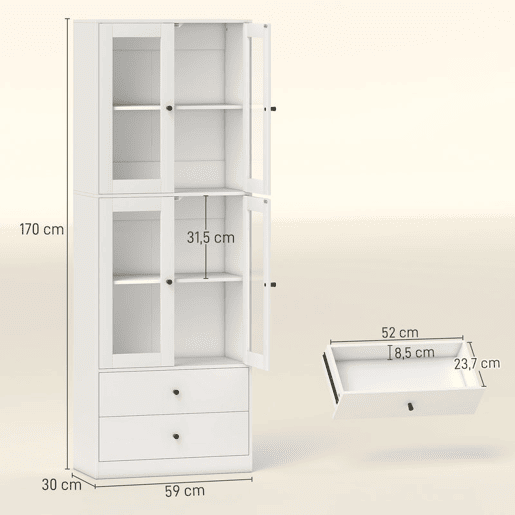 HOMCOM Armário de Cozinha Alto Móvel Auxiliar de Cozinha com 4 Portas de Vidro 2 Gavetas Prateleiras Ajustáveis 59x30x170 cm, Branco