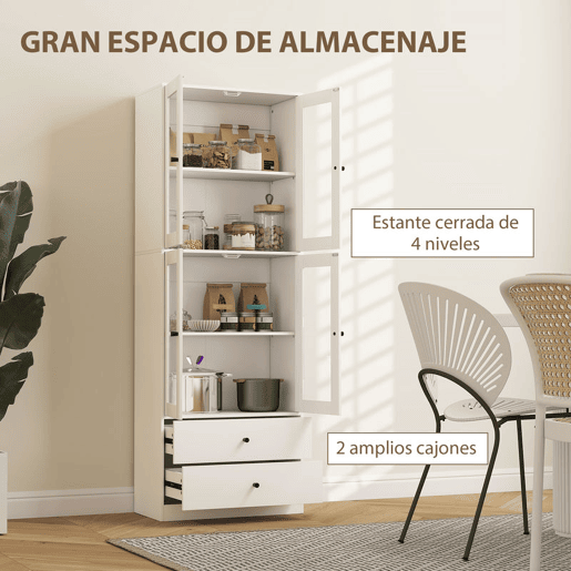 HOMCOM Armário de Cozinha Alto Móvel Auxiliar de Cozinha com 4 Portas de Vidro 2 Gavetas Prateleiras Ajustáveis 59x30x170 cm, Branco
