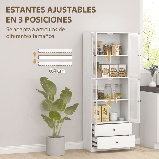 HOMCOM Armário de Cozinha Alto Móvel Auxiliar de Cozinha com 4 Portas de Vidro 2 Gavetas Prateleiras Ajustáveis 59x30x170 cm, Branco