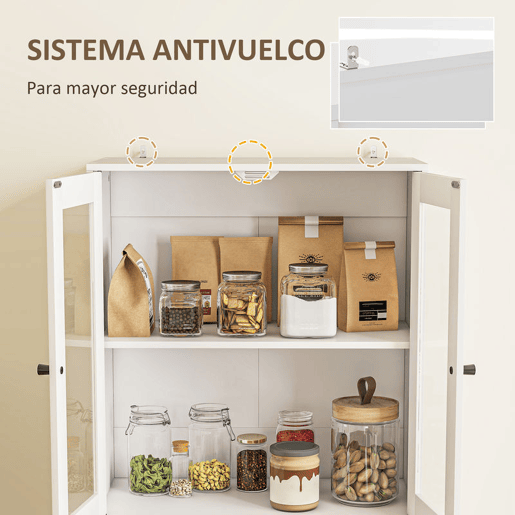 HOMCOM Armário de Cozinha Alto Móvel Auxiliar de Cozinha com 4 Portas de Vidro 2 Gavetas Prateleiras Ajustáveis 59x30x170 cm, Branco
