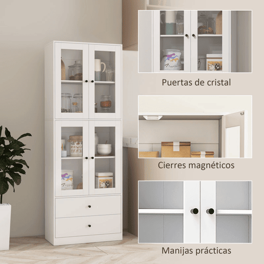 HOMCOM Armário de Cozinha Alto Móvel Auxiliar de Cozinha com 4 Portas de Vidro 2 Gavetas Prateleiras Ajustáveis 59x30x170 cm, Branco