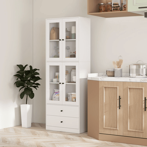 HOMCOM Armário de Cozinha Alto Móvel Auxiliar de Cozinha com 4 Portas de Vidro 2 Gavetas Prateleiras Ajustáveis 59x30x170 cm, Branco