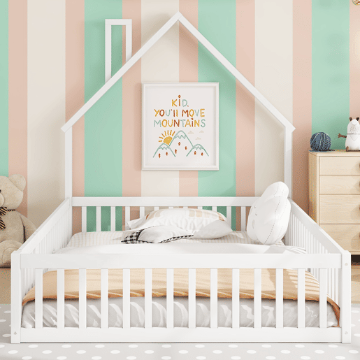 Cama infantil 140x190 cm - Cama em forma de chaminé, com estrado (sem colchão), estilo minimalista - Branco