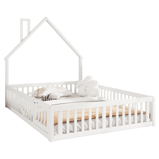 Cama infantil 140x190 cm - Cama em forma de chaminé, com estrado (sem colchão), estilo minimalista - Branco