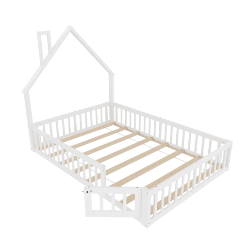 Cama infantil 140x190 cm - Cama em forma de chaminé, com estrado (sem colchão), estilo minimalista - Branco