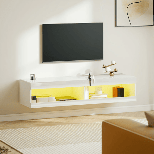 HOMCOM Móvel de TV Suspenso com Luzes LED Controlo Remoto Compartimentos Orifício Passa-Cabos para Televisão 55-60 Polegadas 140x40x30 cm Branco Brilhante