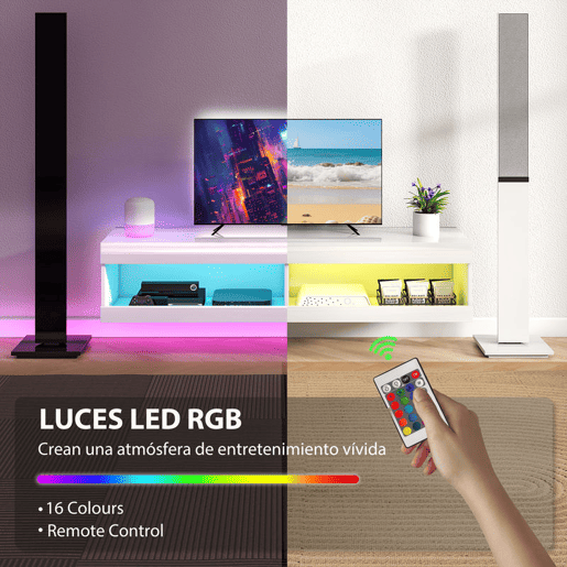 HOMCOM Móvel de TV Suspenso com Luzes LED Controlo Remoto Compartimentos Orifício Passa-Cabos para Televisão 55-60 Polegadas 140x40x30 cm Branco Brilhante