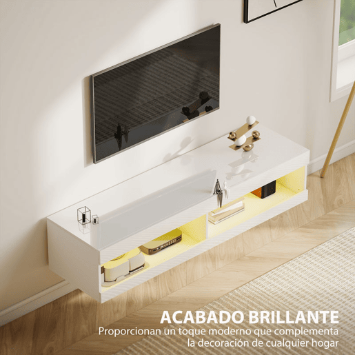 HOMCOM Móvel de TV Suspenso com Luzes LED Controlo Remoto Compartimentos Orifício Passa-Cabos para Televisão 55-60 Polegadas 140x40x30 cm Branco Brilhante