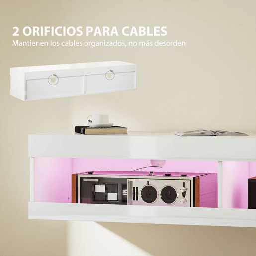 HOMCOM Móvel de TV Suspenso com Luzes LED Controlo Remoto Compartimentos Orifício Passa-Cabos para Televisão 55-60 Polegadas 140x40x30 cm Branco Brilhante