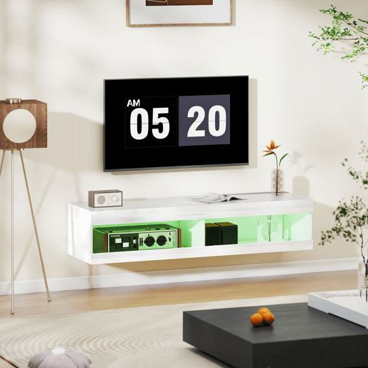 HOMCOM Móvel de TV Suspenso com Luzes LED Controlo Remoto Compartimentos Orifício Passa-Cabos para Televisão 55-60 Polegadas 140x40x30 cm Branco Brilhante