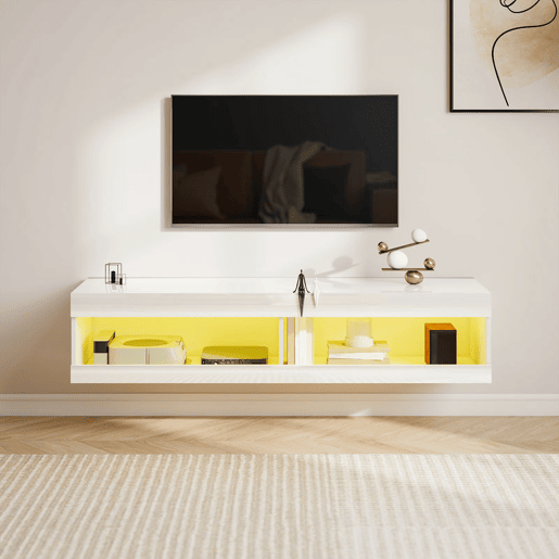 HOMCOM Móvel de TV Suspenso com Luzes LED Controlo Remoto Compartimentos Orifício Passa-Cabos para Televisão 55-60 Polegadas 140x40x30 cm Branco Brilhante