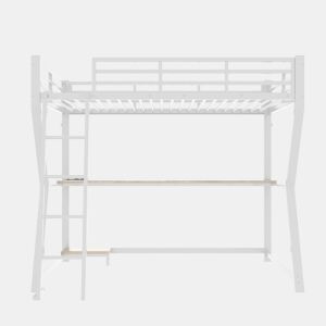 Cama alta 90x200cm - Com LED, secretária, tomada USB, prateleira para consola, escada, sem colchão - Branco