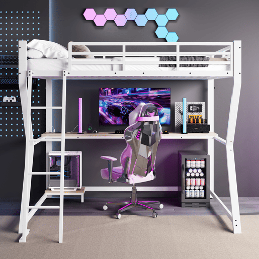 Cama alta 90x200cm - Com LED, secretária, tomada USB, prateleira para consola, escada, sem colchão - Branco