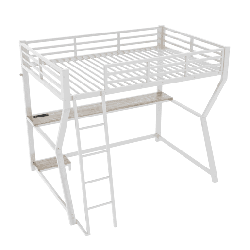 Cama alta 90x200cm - Com LED, secretária, tomada USB, prateleira para consola, escada, sem colchão - Branco