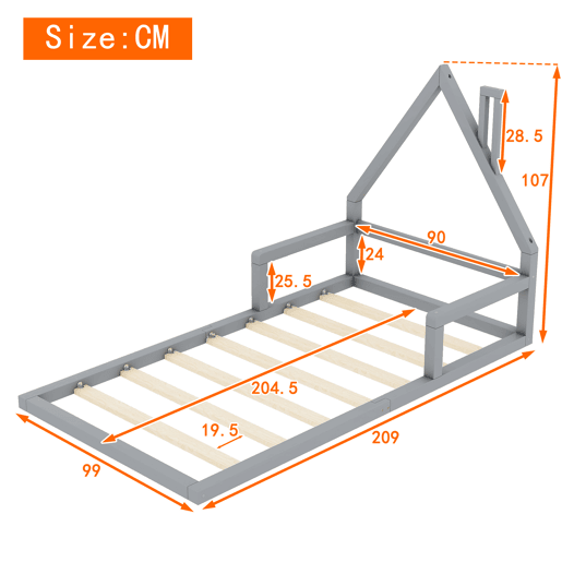 Cama infantil 90x200 cm - Cama baixa, em forma de casa, madeira de pinho, estilo simples - Cinza