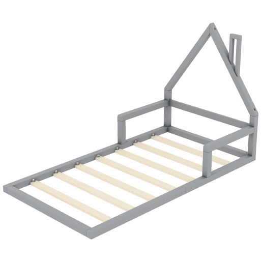 Cama infantil 90x200 cm - Cama baixa, em forma de casa, madeira de pinho, estilo simples - Cinza