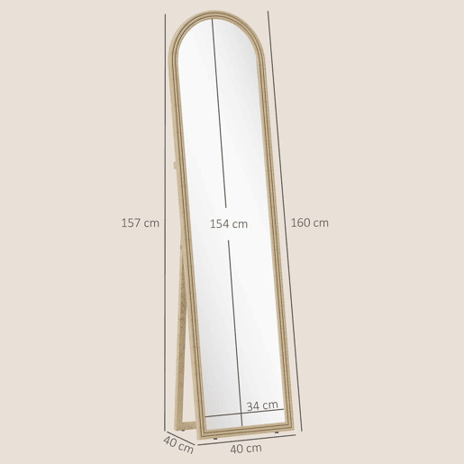 HOMCOM Espelho de Pé 160x40 cm com Moldura Efeito Pedra Espelho de Corpo Inteiro Retangular para Pendurar com Suporte 2 Formas de Utilização para Sala Entrada e Quarto Bege