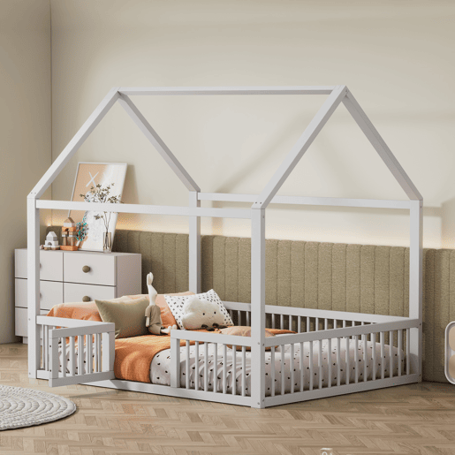 Cama de madeira maciça 140x200 cm - Cama de casal, cama baixa, cama de casa com porta - Branca