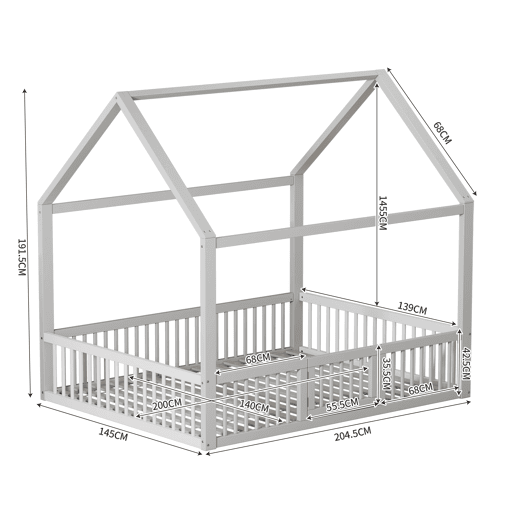 Cama de madeira maciça 140x200 cm - Cama de casal, cama baixa, cama de casa com porta - Branca