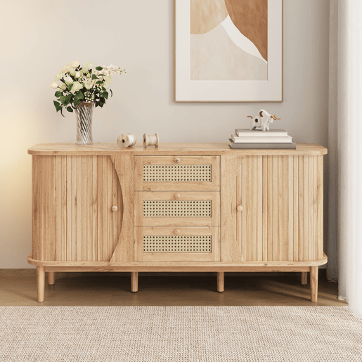 Móvel auxiliar - 120x40x75 cm - com portas de correr, prateleiras ajustáveis e superfície arredondada - cor Natural Móvel auxiliar - 120x40x75 cm - com portas de correr, prateleiras ajustáveis e superfície arredondada - cor Natural