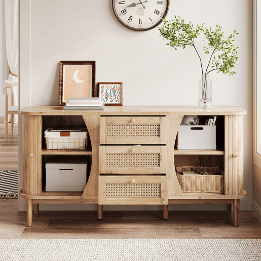 Móvel auxiliar - 120x40x75 cm - com portas de correr, prateleiras ajustáveis e superfície arredondada - cor Natural Móvel auxiliar - 120x40x75 cm - com portas de correr, prateleiras ajustáveis e superfície arredondada - cor Natural