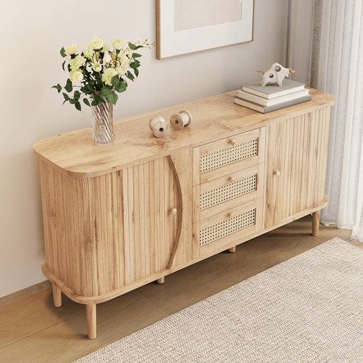 Móvel auxiliar - 120x40x75 cm - com portas de correr, prateleiras ajustáveis e superfície arredondada - cor Natural Móvel auxiliar - 120x40x75 cm - com portas de correr, prateleiras ajustáveis e superfície arredondada - cor Natural