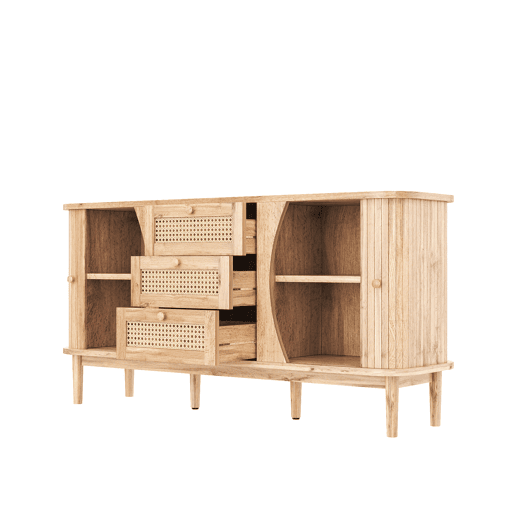 Móvel auxiliar - 120x40x75 cm - com portas de correr, prateleiras ajustáveis e superfície arredondada - cor Natural Móvel auxiliar - 120x40x75 cm - com portas de correr, prateleiras ajustáveis e superfície arredondada - cor Natural
