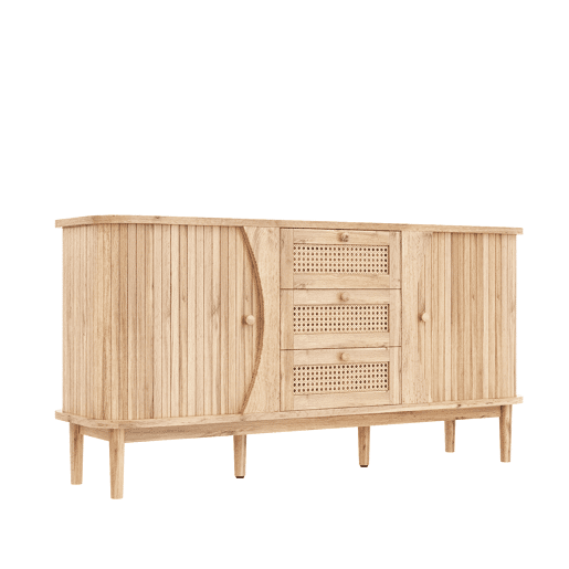 Móvel auxiliar - 120x40x75 cm - com portas de correr, prateleiras ajustáveis e superfície arredondada - cor Natural Móvel auxiliar - 120x40x75 cm - com portas de correr, prateleiras ajustáveis e superfície arredondada - cor Natural