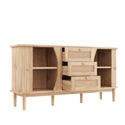 Móvel auxiliar - 120x40x75 cm - com portas de correr, prateleiras ajustáveis e superfície arredondada - cor Natural Móvel auxiliar - 120x40x75 cm - com portas de correr, prateleiras ajustáveis e superfície arredondada - cor Natural