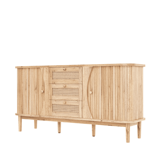 Móvel auxiliar - 120x40x75 cm - com portas de correr, prateleiras ajustáveis e superfície arredondada - cor Natural Móvel auxiliar - 120x40x75 cm - com portas de correr, prateleiras ajustáveis e superfície arredondada - cor Natural