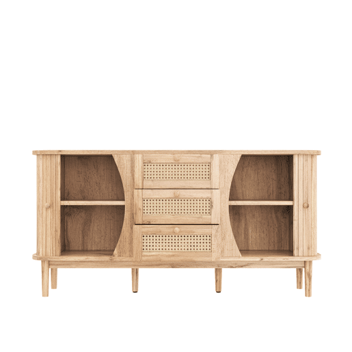 Móvel auxiliar - 120x40x75 cm - com portas de correr, prateleiras ajustáveis e superfície arredondada - cor Natural Móvel auxiliar - 120x40x75 cm - com portas de correr, prateleiras ajustáveis e superfície arredondada - cor Natural
