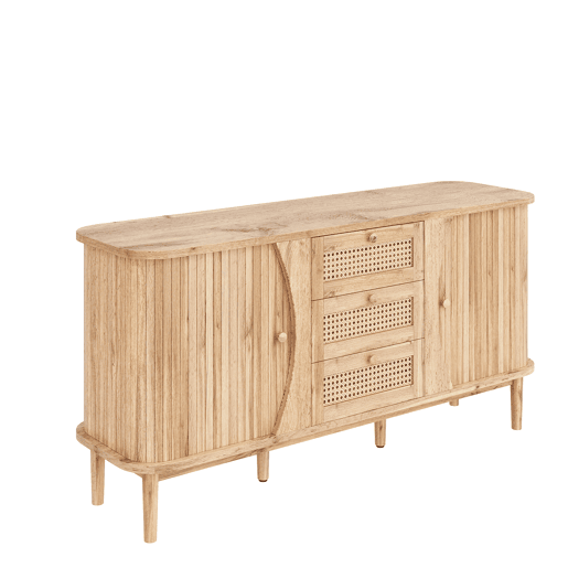 Móvel auxiliar - 120x40x75 cm - com portas de correr, prateleiras ajustáveis e superfície arredondada - cor Natural Móvel auxiliar - 120x40x75 cm - com portas de correr, prateleiras ajustáveis e superfície arredondada - cor Natural