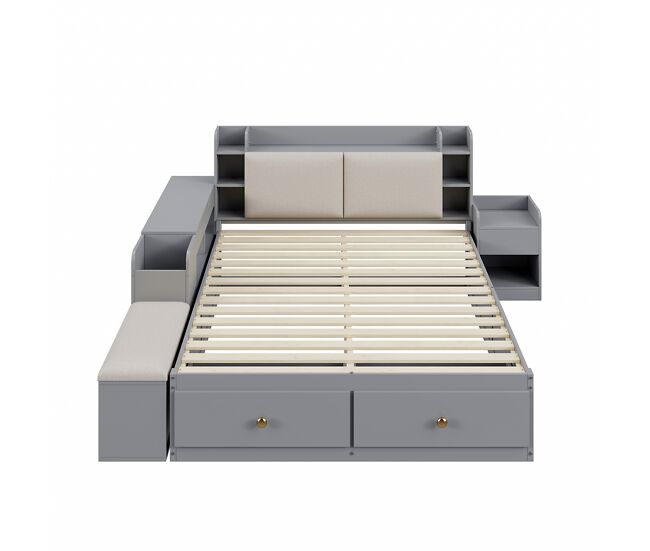 Cama combinada de madera maciza 140x200 cm - cabecero con compartimento de almacenamiento, con cajones, con mesa de noche, con armario de