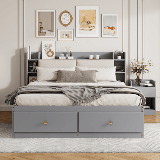 Cama combinada em madeira maciça 140x200 cm - Cabeceira com compartimento de arrumação, com gavetas, com mesa de cabeceira, com armário de arrumação, com banco sofá, cama com arrumação, cama tatami - Cinza